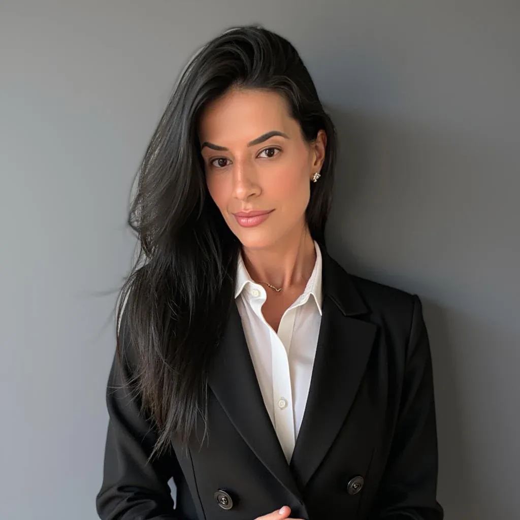 Retrato da Dra. Cibelle Costa de blazer preto